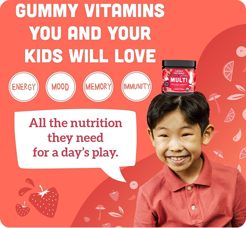 Llama Naturals Kids Multi graphic: "Gummy vitamins you and your kids will love" with energy, mood, memory, and immunity badges