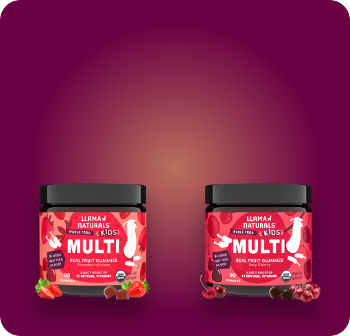 Llama Naturals Kids Multi jars, Strawberrylicious and Very Cherry flavors, on a gradient background